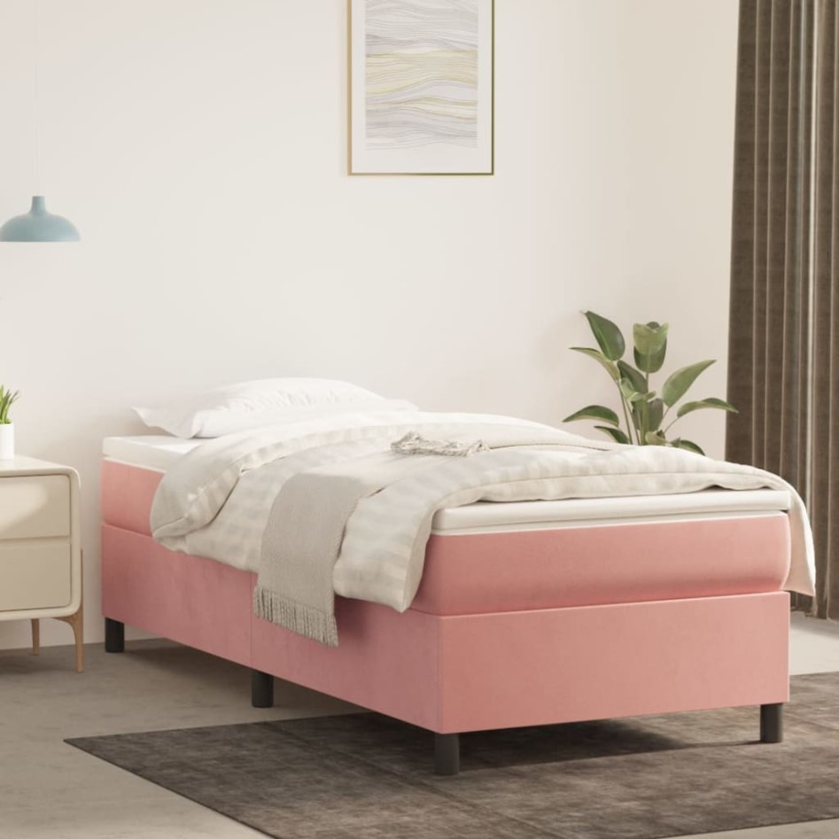 Cama box spring con colchón terciopelo rosa 90x190