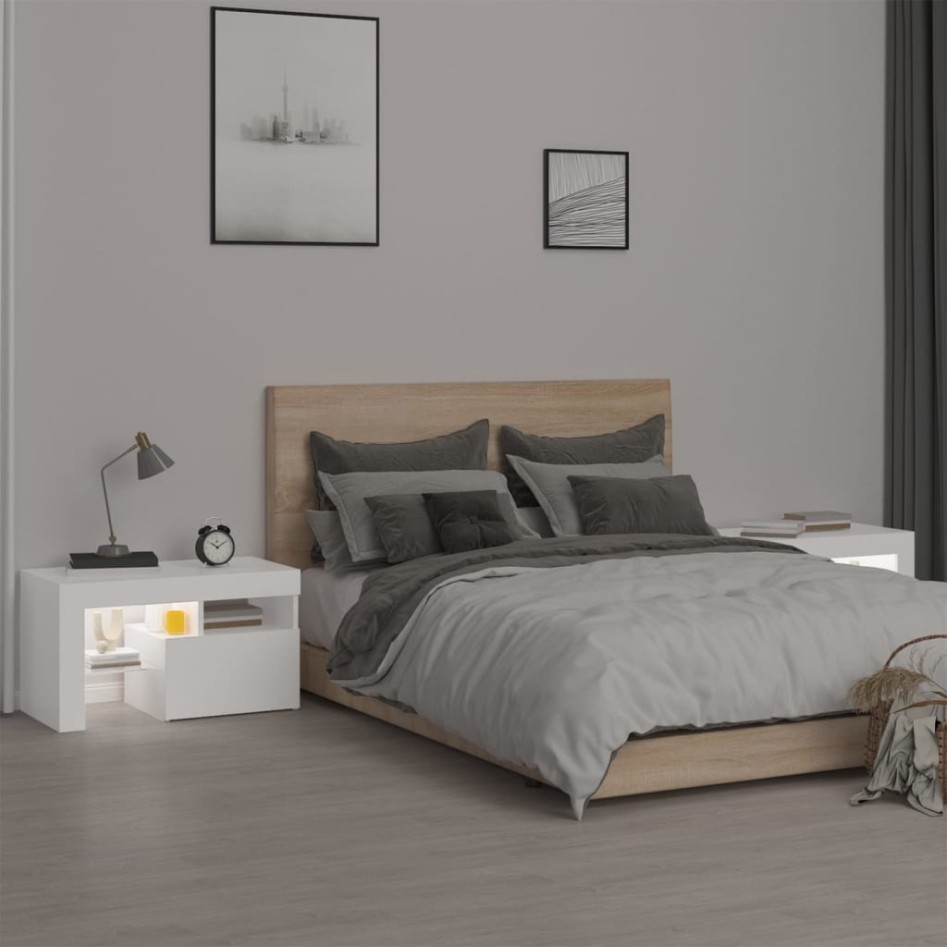 Mesitas de noche con luces LED 2 uds blancas