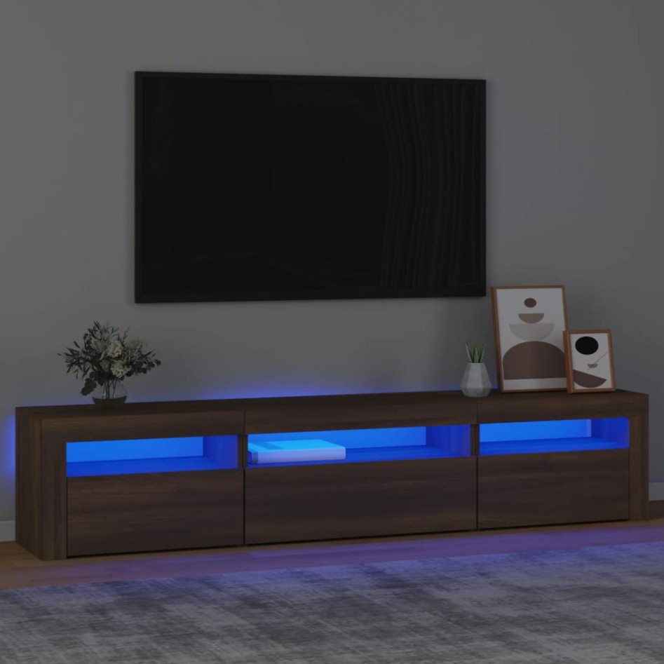 Mueble de TV con luces LED marrón roble 195x35x40