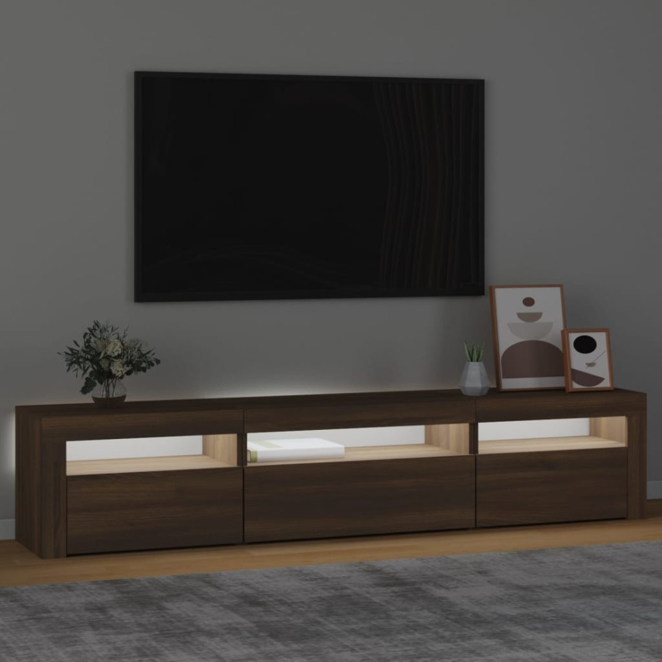 Mueble de TV con luces LED marrón roble 195x35x40