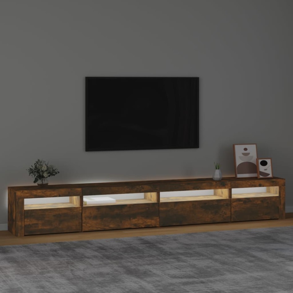 Mueble de TV con luces LED roble ahumado 270x35x40