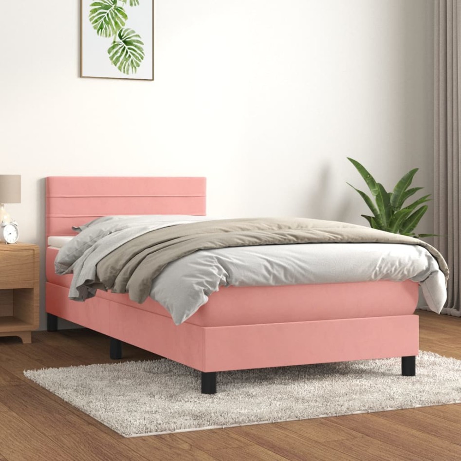 Cama box spring con colchón terciopelo rosa 100x200