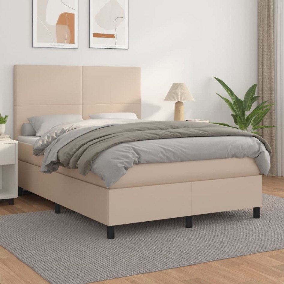 Cama box spring con colchón cuero sintético capuchino