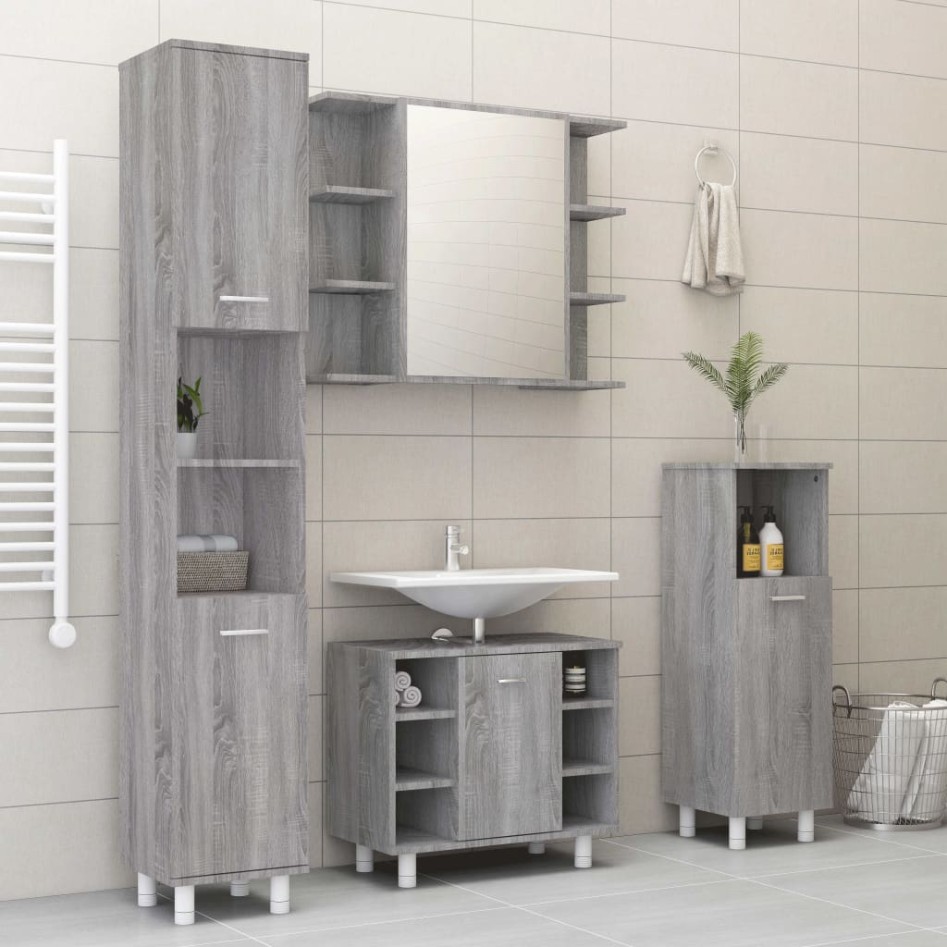 Set de armario de baño 4 pzas madera contrachapada gris