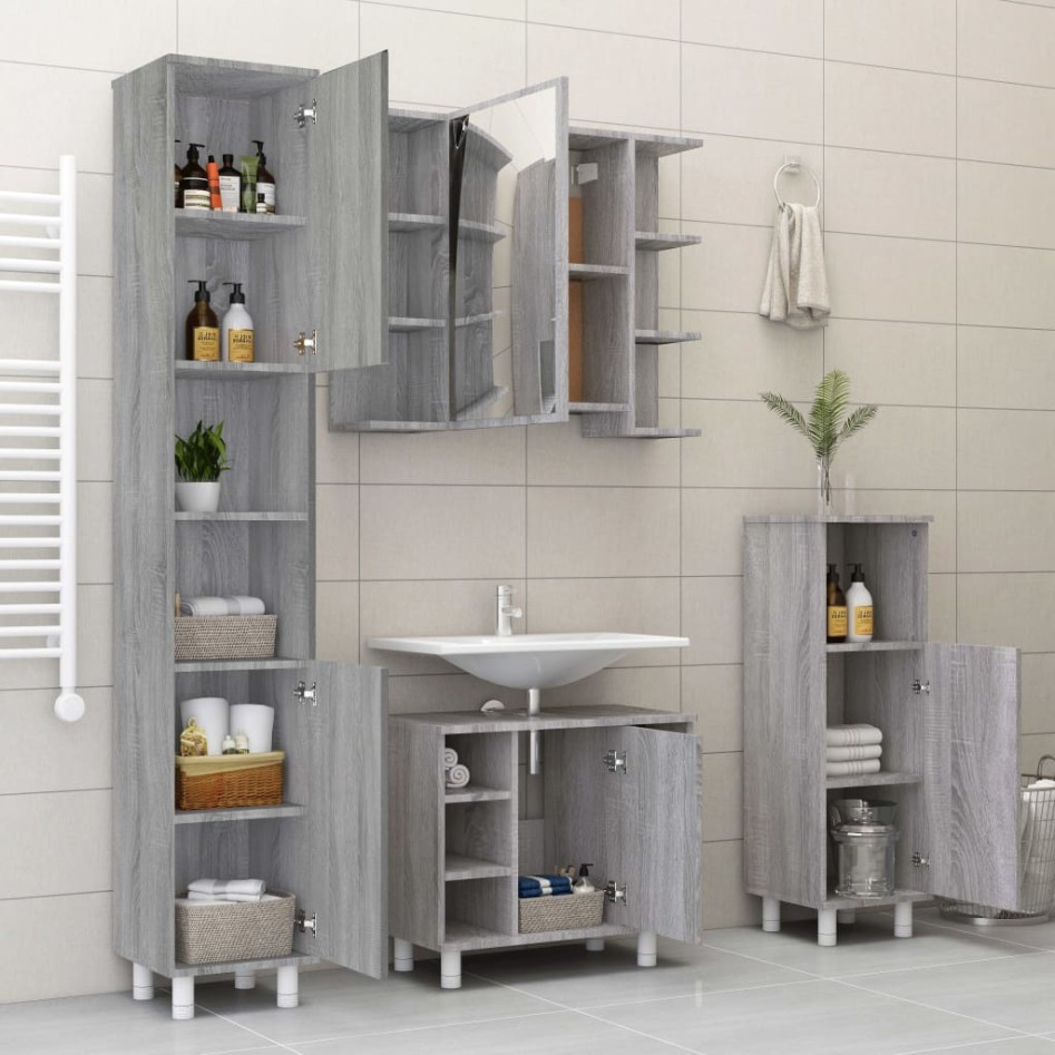 Set de armario de baño 4 pzas madera contrachapada gris