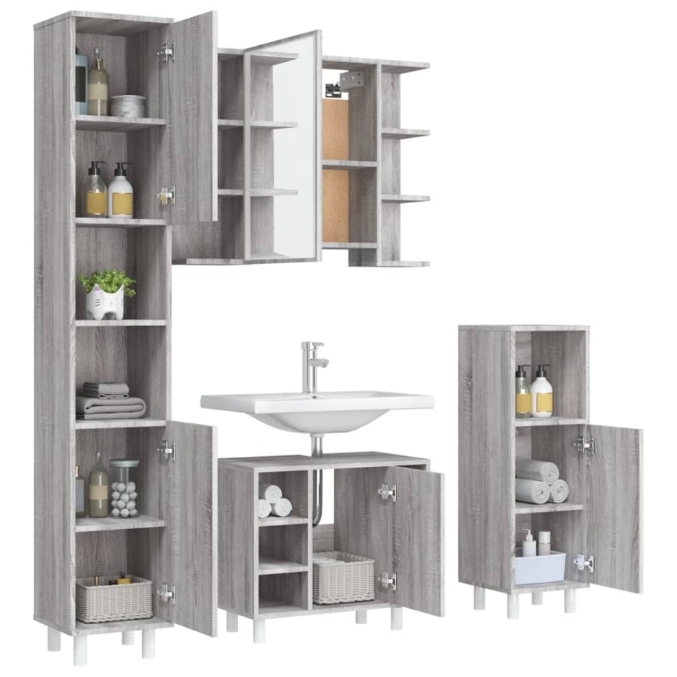 Set de armario de baño 4 pzas madera contrachapada gris