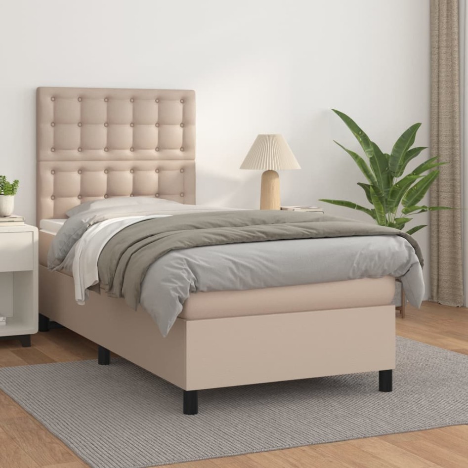 Cama box spring con colchón cuero sintético capuchino 90x190