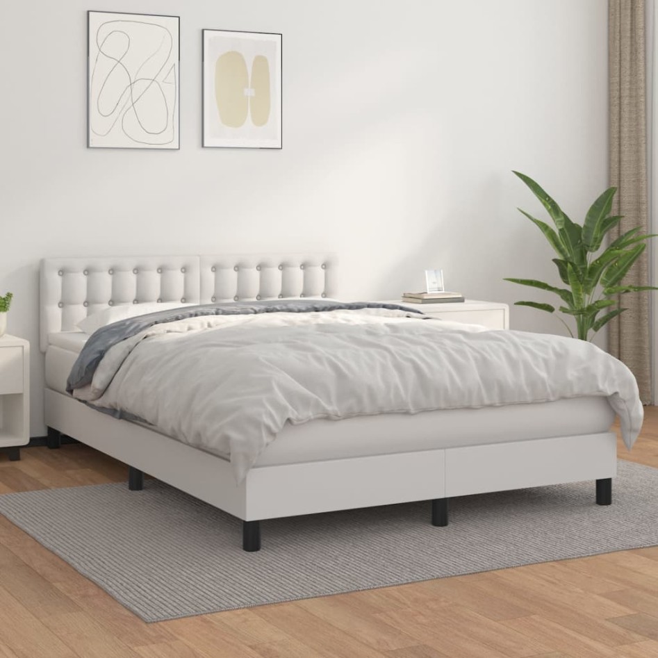 Cama box spring con colchón cuero sintético blanco