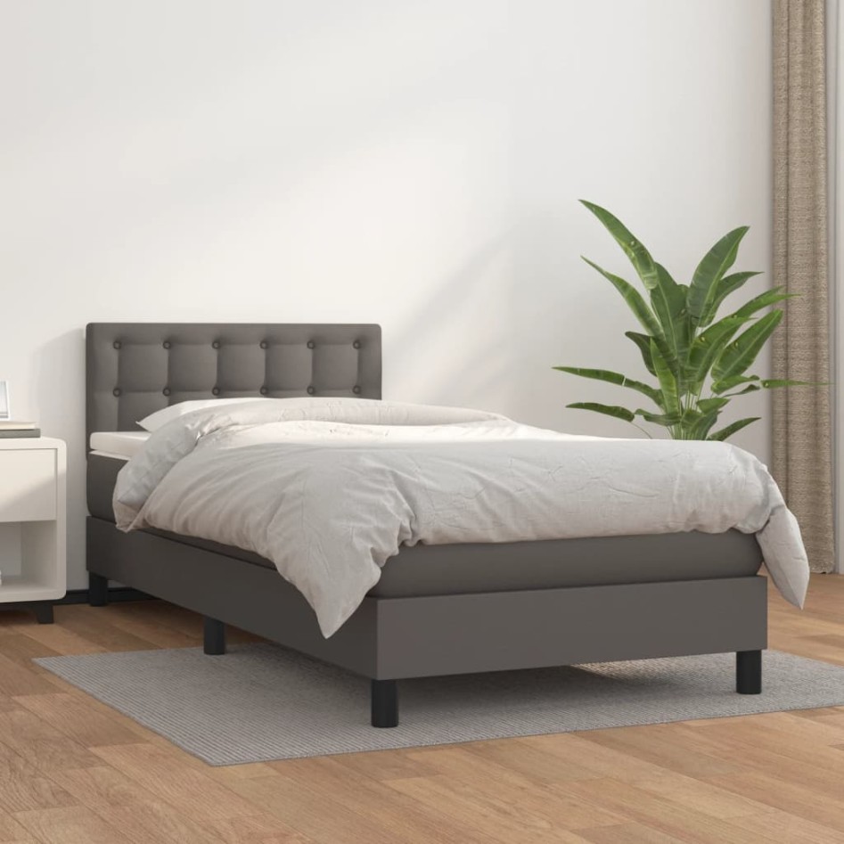 Cama box spring con colchón cuero sintético gris 90x200