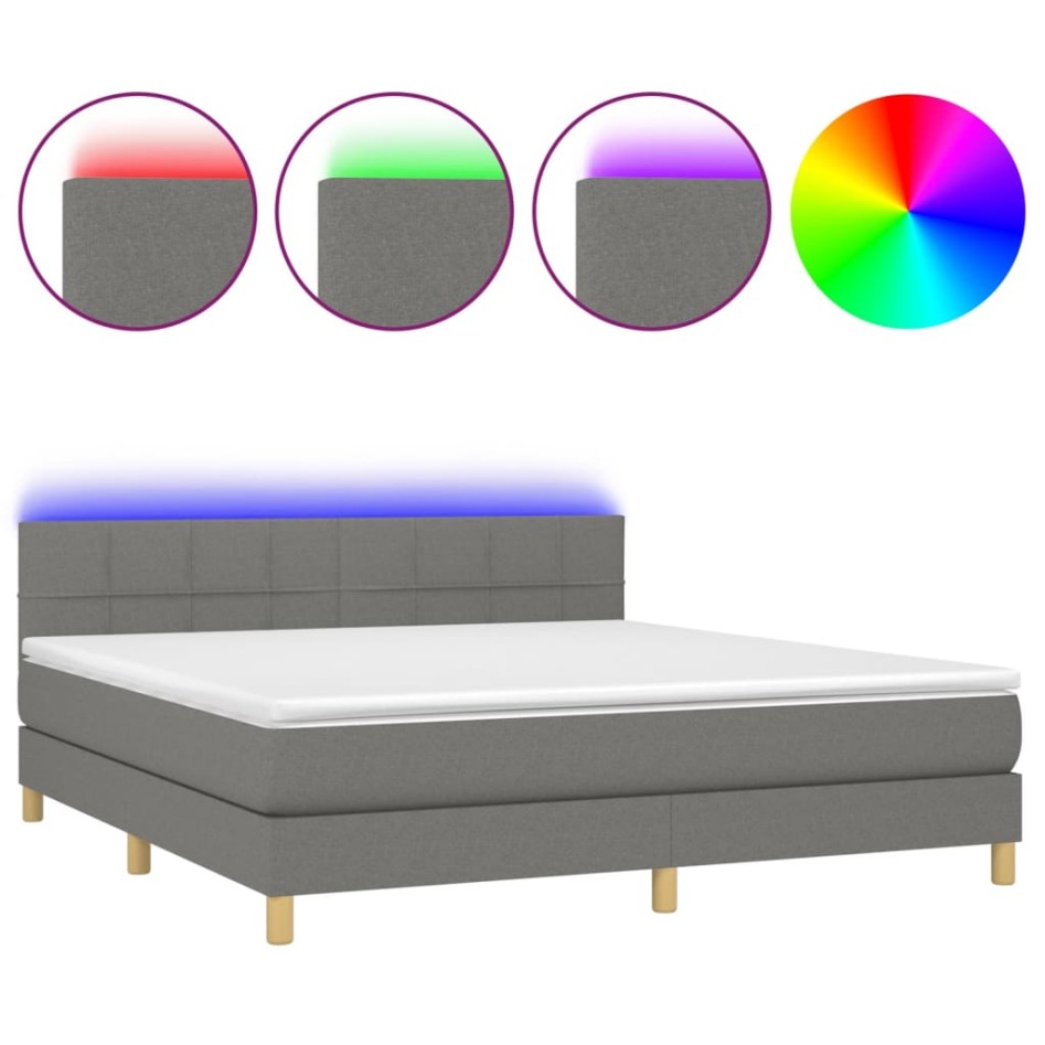 Cama box spring con colchón y LED tela gris oscuro 180x200
