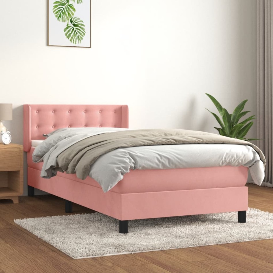 Cama box spring con colchón terciopelo rosa 80x200