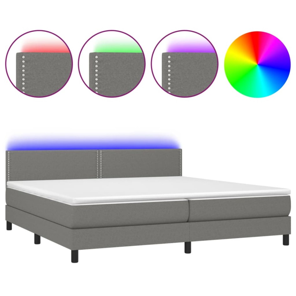 Cama box spring colchón y luces LED tela gris claro 200x200