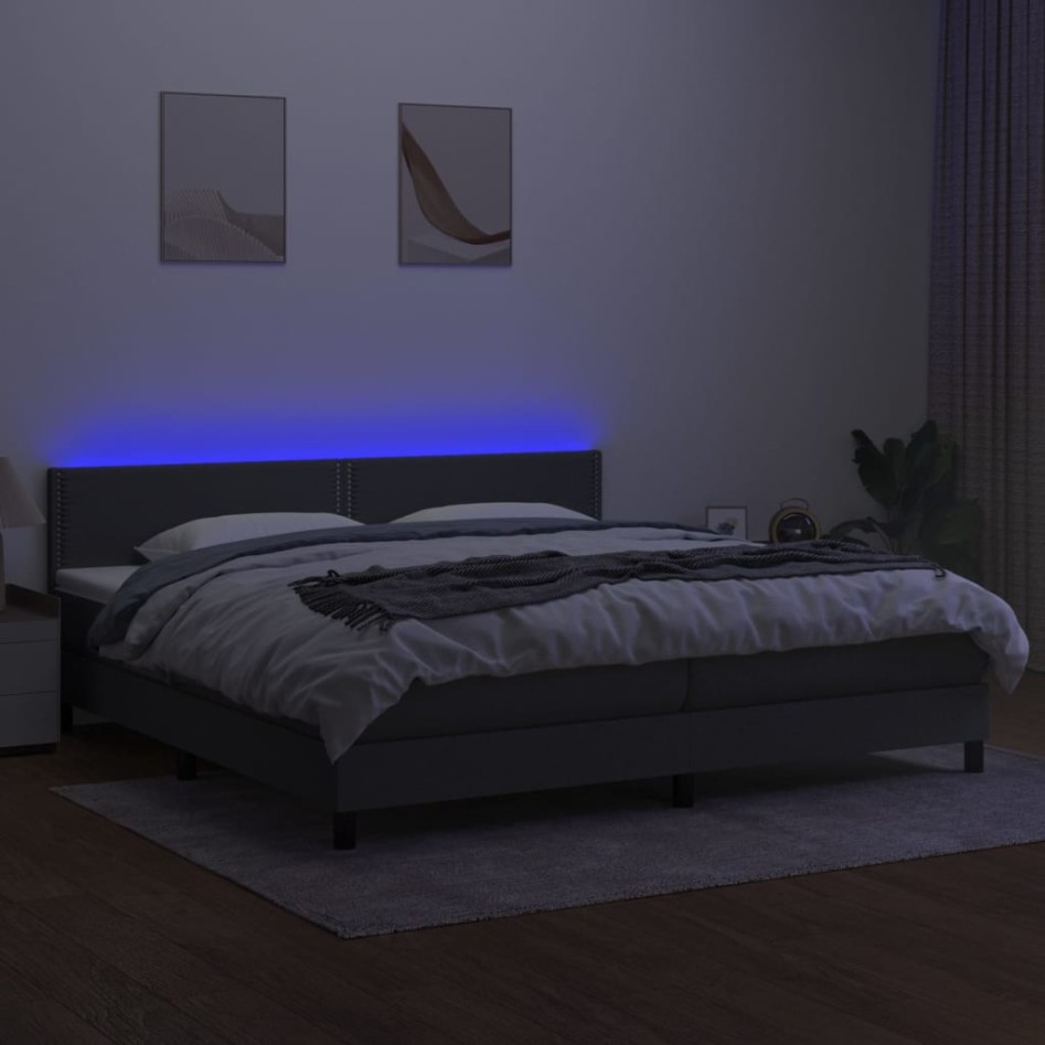 Cama box spring colchón y luces LED tela gris claro 200x200