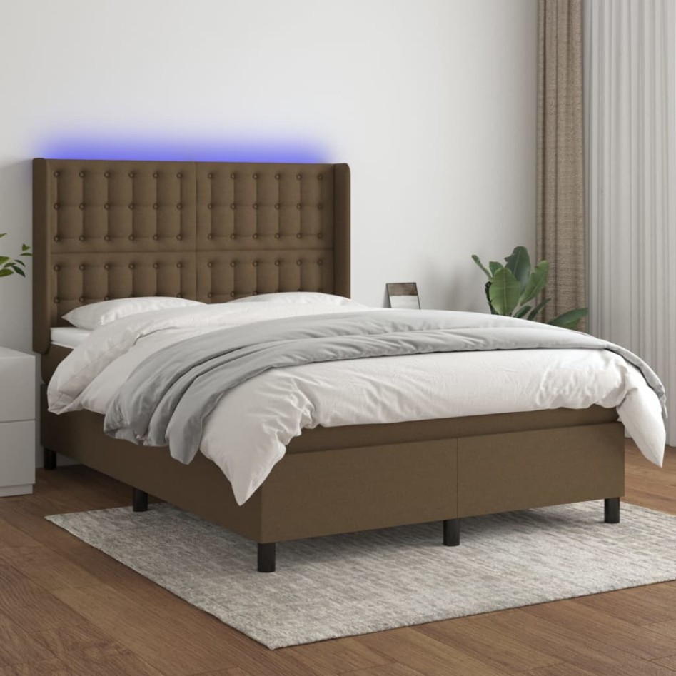 Cama box spring colchón luces LED tela marrón oscuro