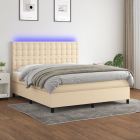 Cama box spring colchón y luces LED tela crema 160x200
