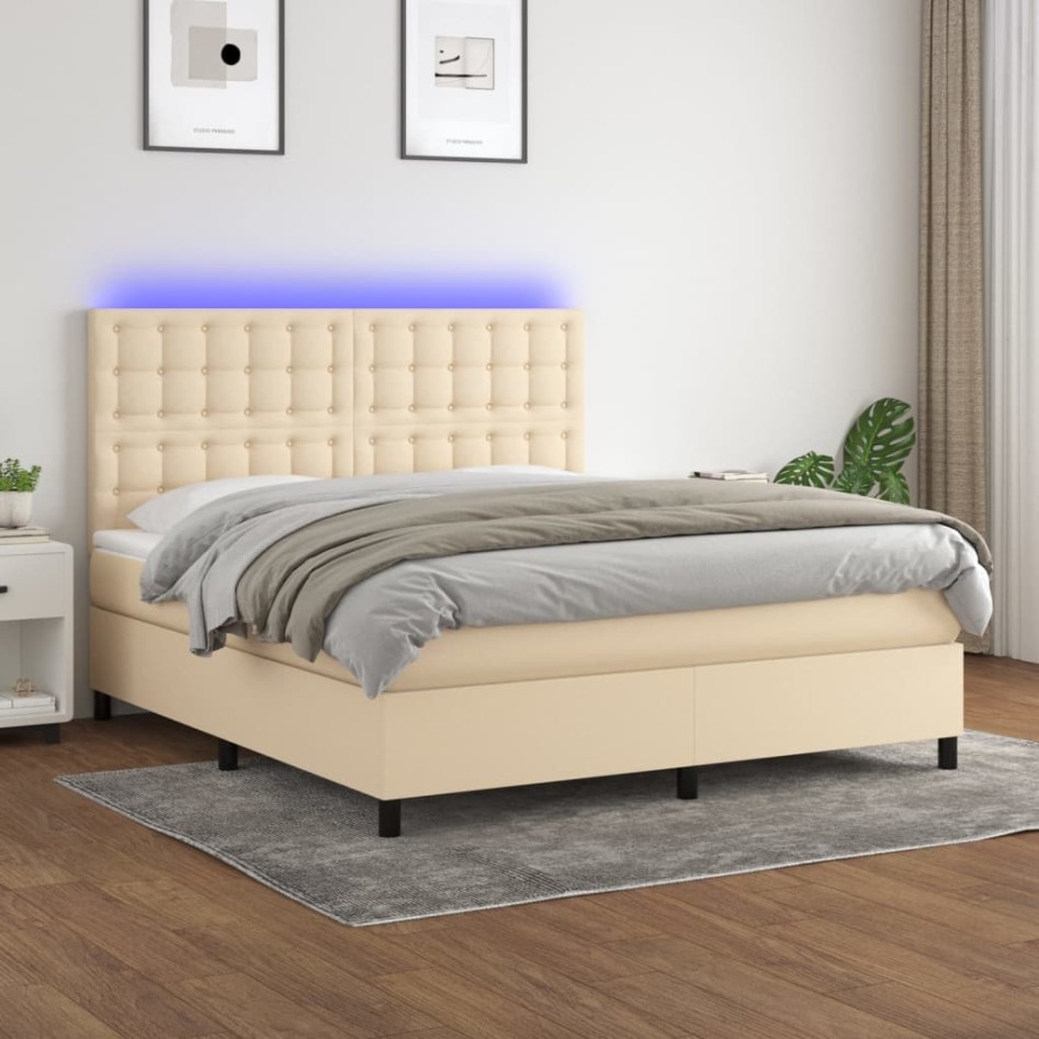 Cama box spring colchón y luces LED tela crema 160x200