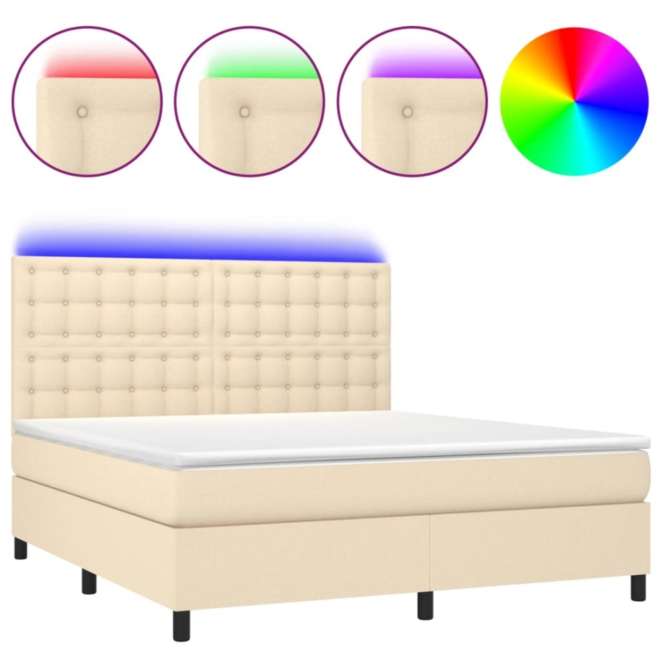 Cama box spring colchón y luces LED tela crema 160x200