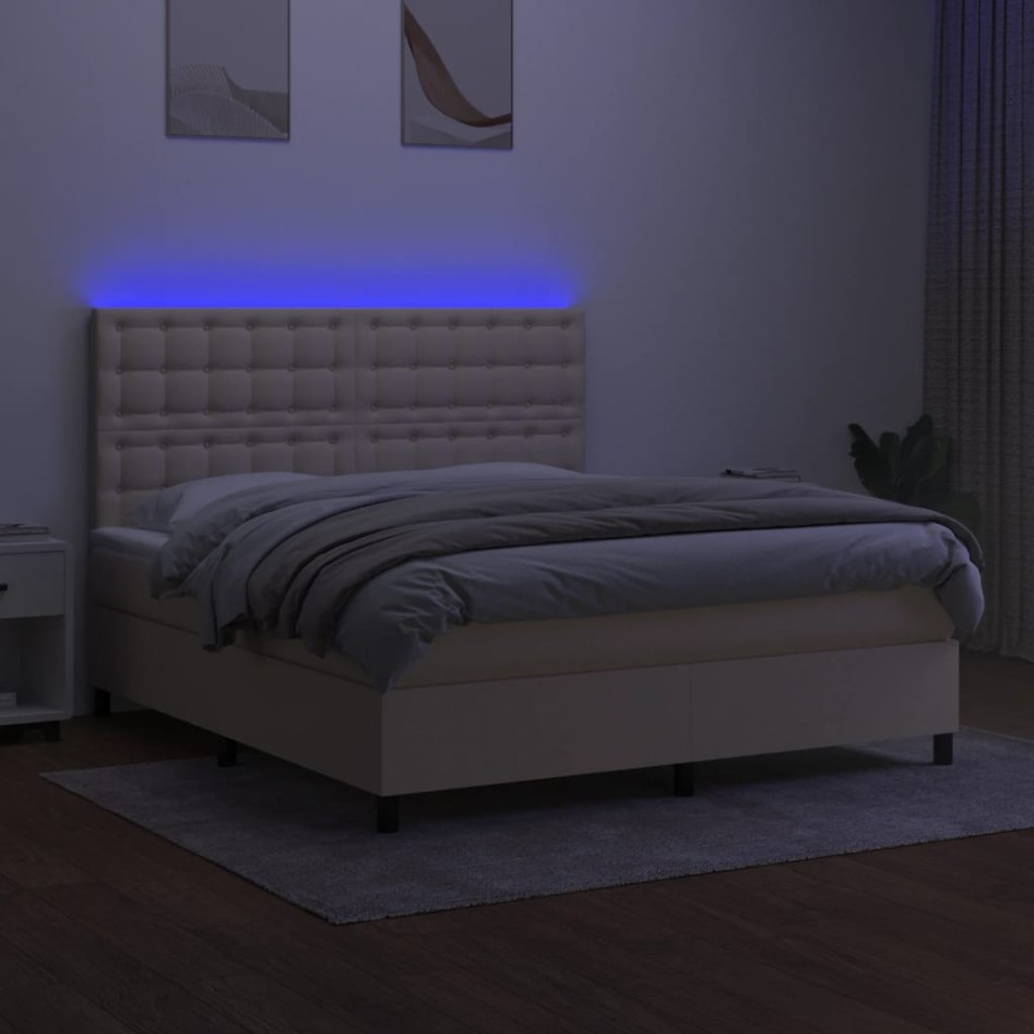 Cama box spring colchón y luces LED tela crema 160x200