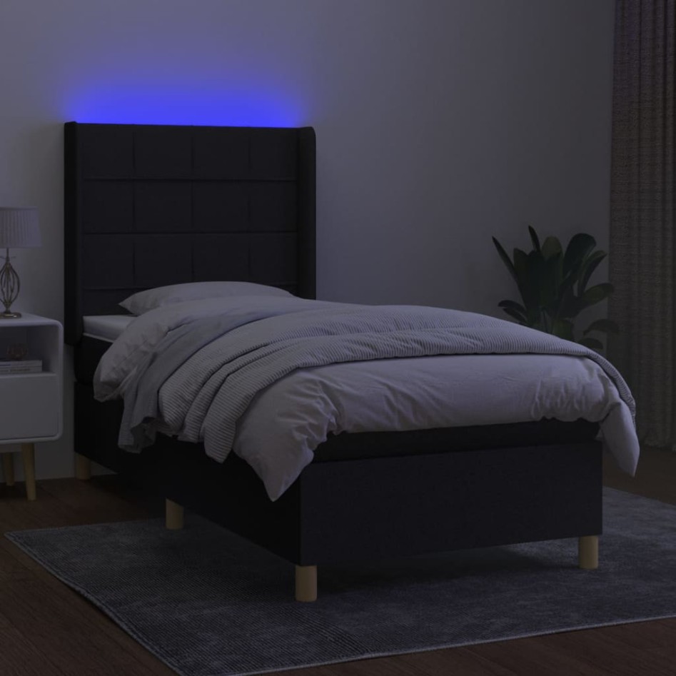 Cama box spring colchón y luces LED tela negro 100x200