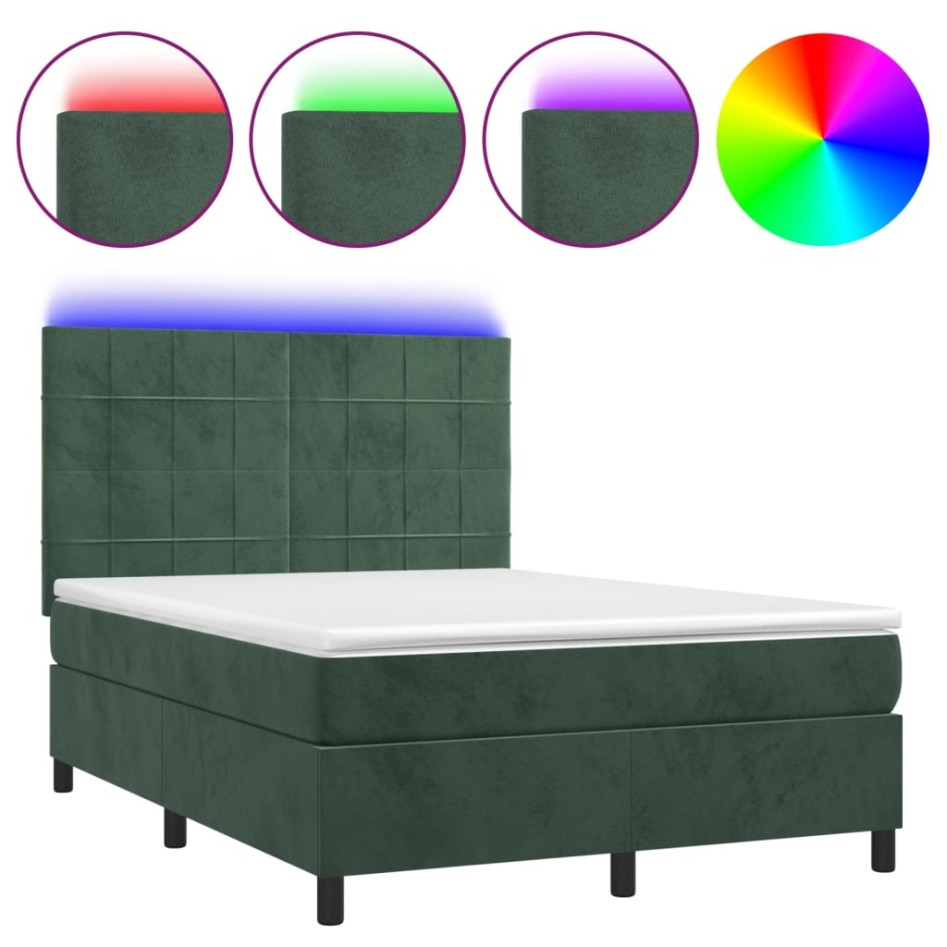Cama box spring colchón y LED terciopelo verde oscuro