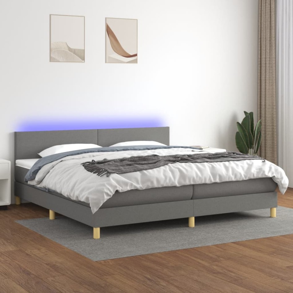 Cama box spring con colchón y LED tela gris oscuro 200x200