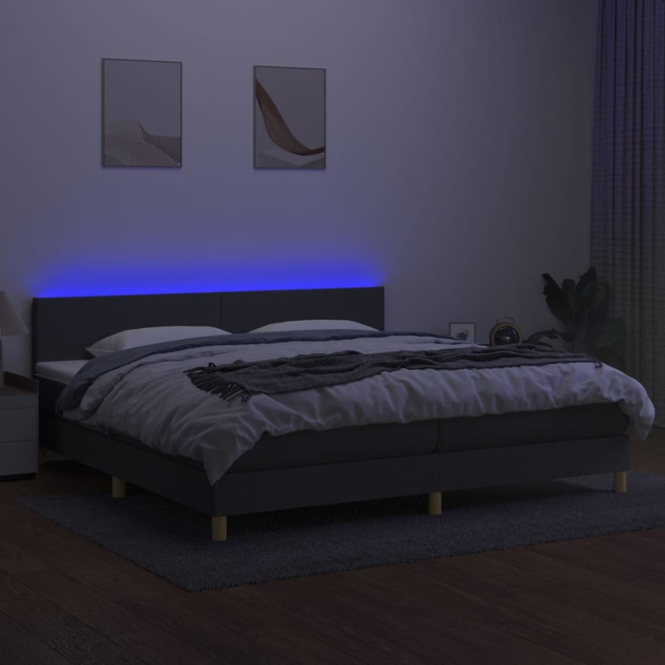 Cama box spring con colchón y LED tela gris oscuro 200x200