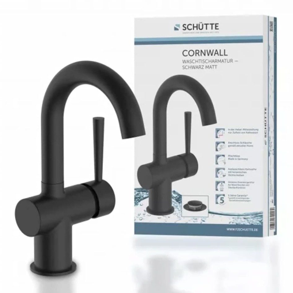 SCHÜTTE Grifo monomando lavabo CORNWALL con maneta lateral negro