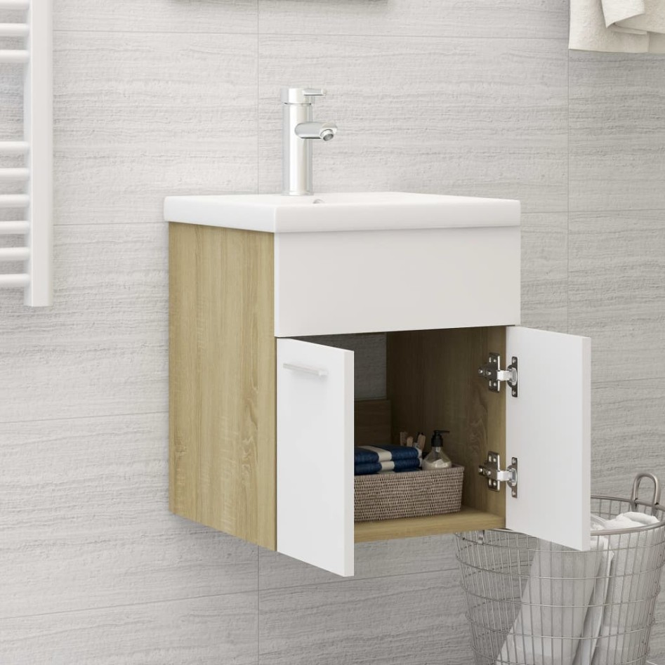 Mueble con lavabo madera de ingeniería blanco y roble