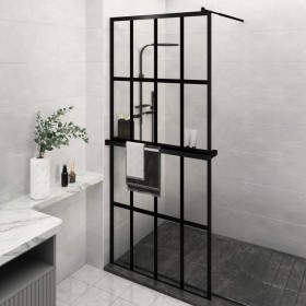 Mampara ducha con estante vidrio ESG y aluminio negro 90x195