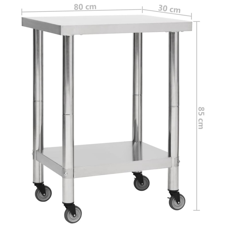 Mesa de trabajo para cocina con ruedas acero inox 80x30x85