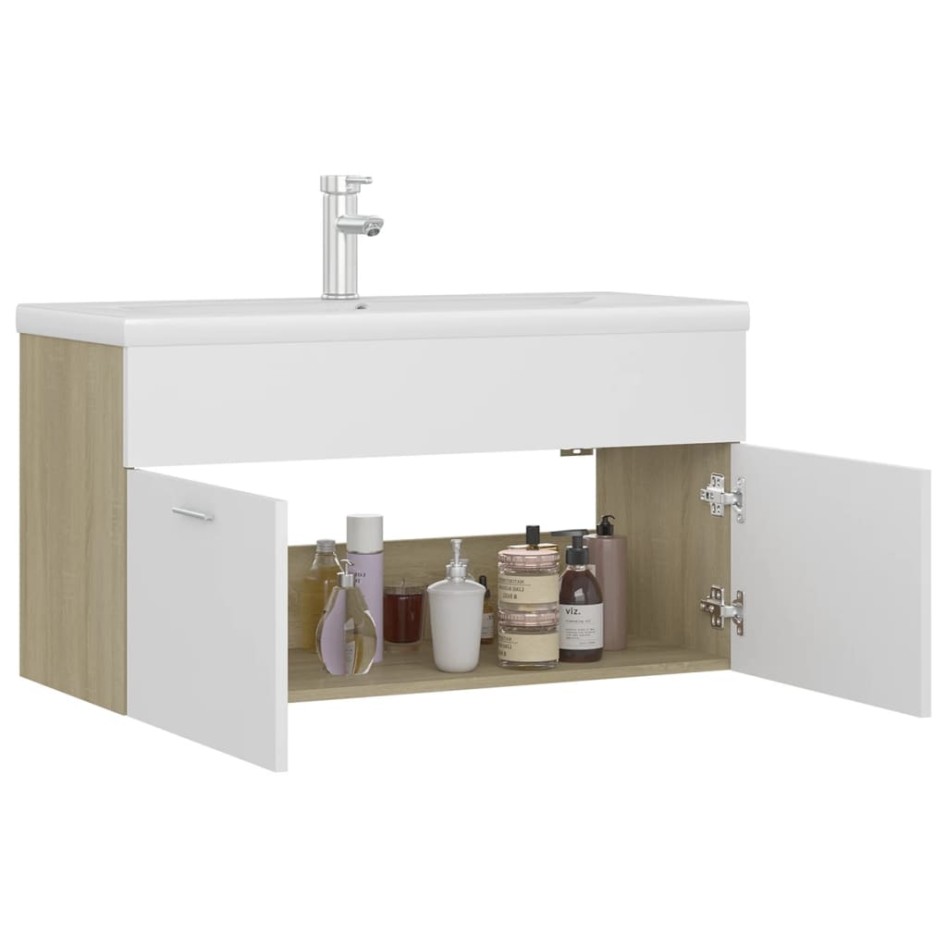 Mueble con lavabo madera de ingeniería blanco y roble