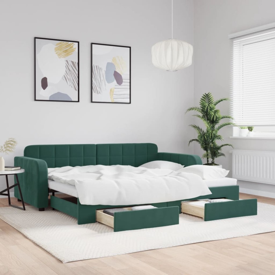 Sofá cama nido con cajones terciopelo verde oscuro 90x200