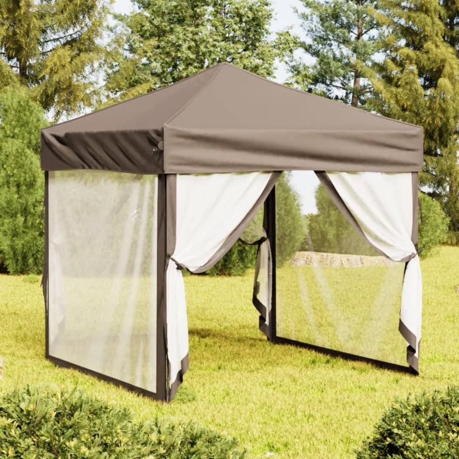 Carpa para fiestas plegable con paredes gris taupé 2x2
