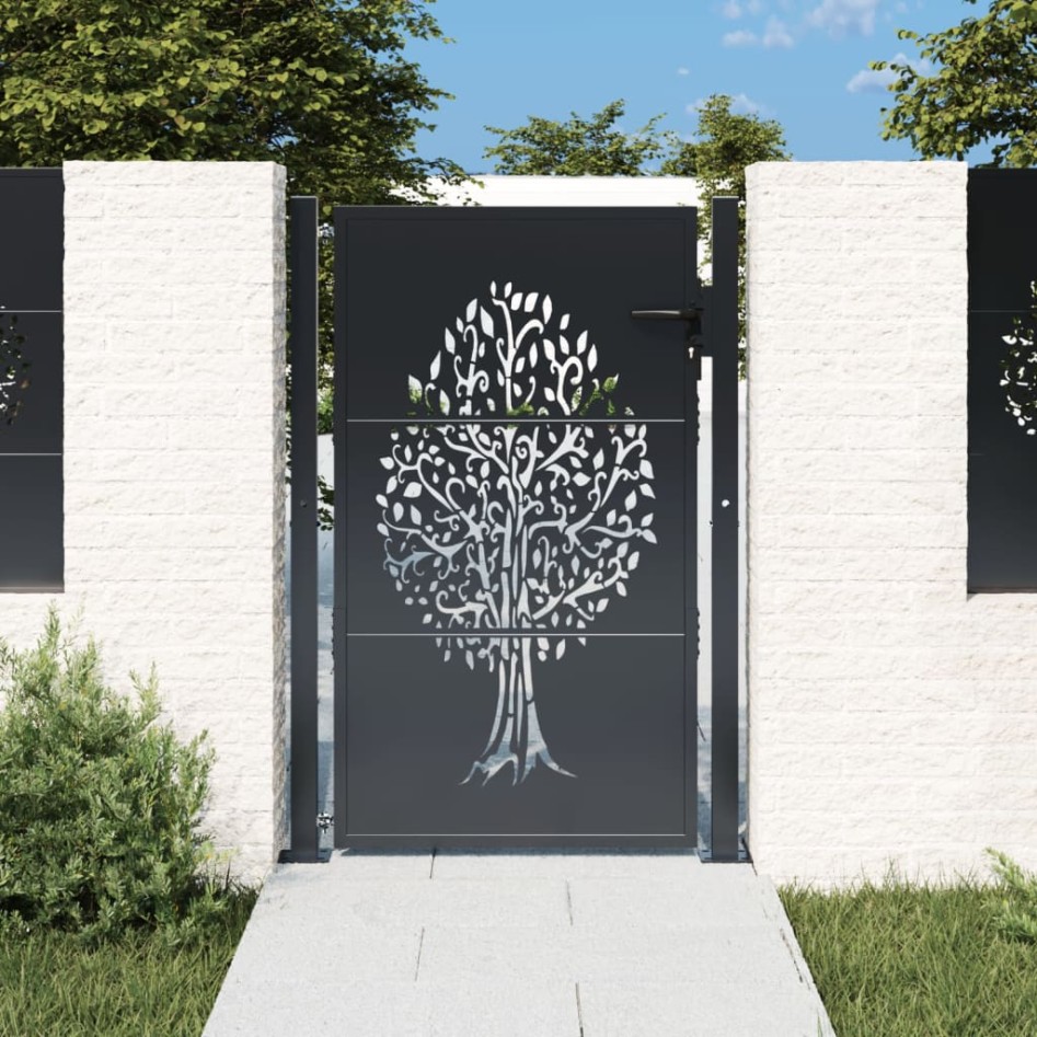 Puerta de jardín acero gris antracita diseño árbol 105x155