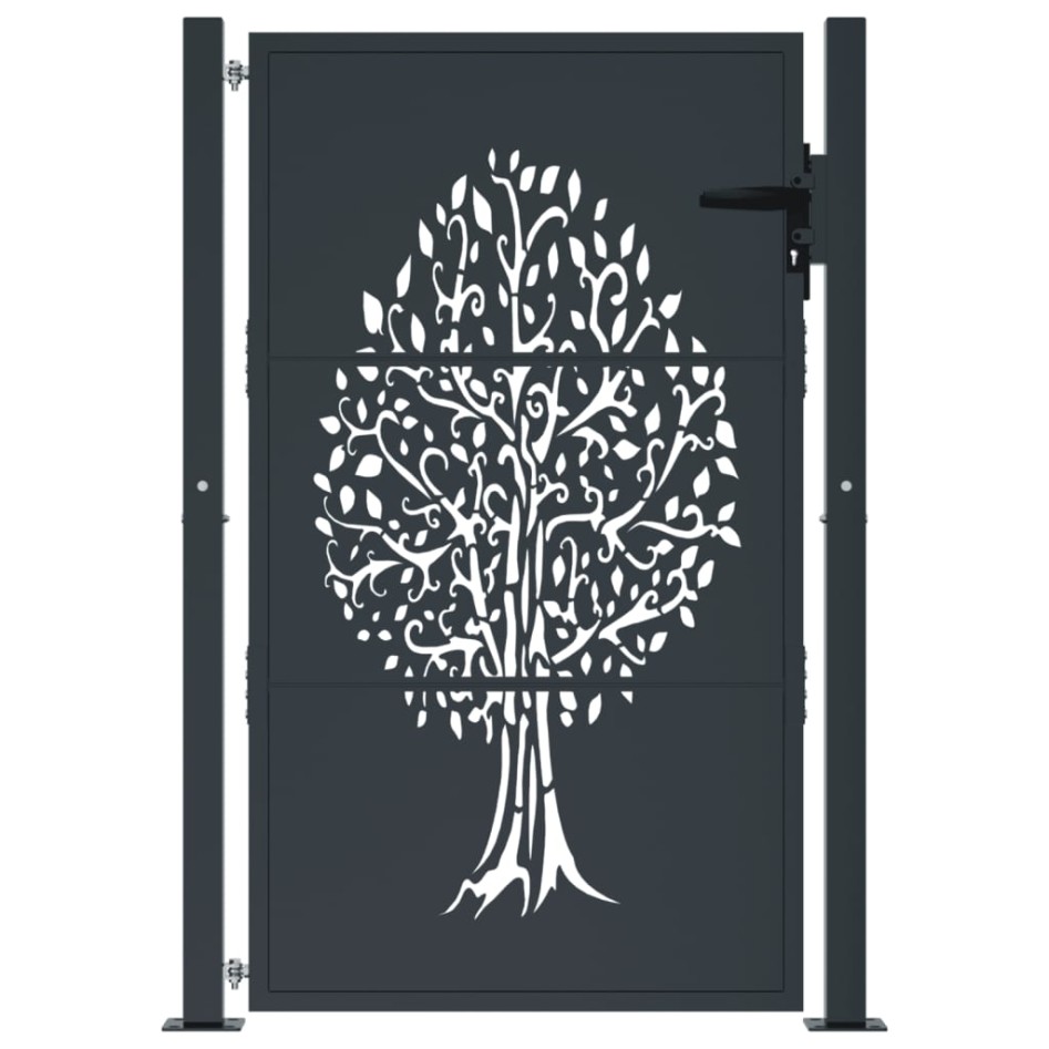Puerta de jardín acero gris antracita diseño árbol 105x155