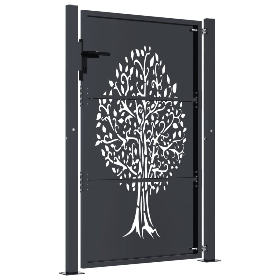 Puerta de jardín acero gris antracita diseño árbol 105x155