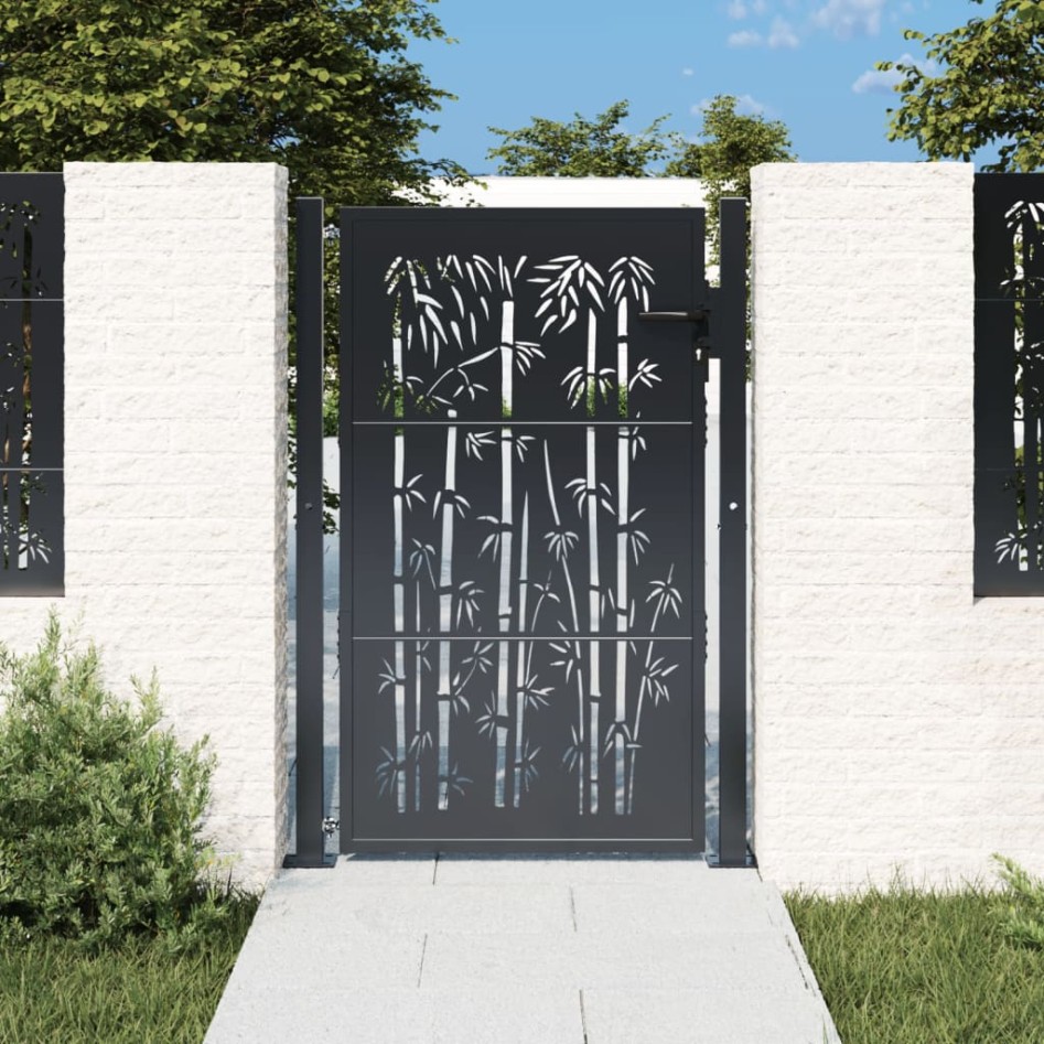 Puerta de jardín acero gris antracita diseño bambú 105x155