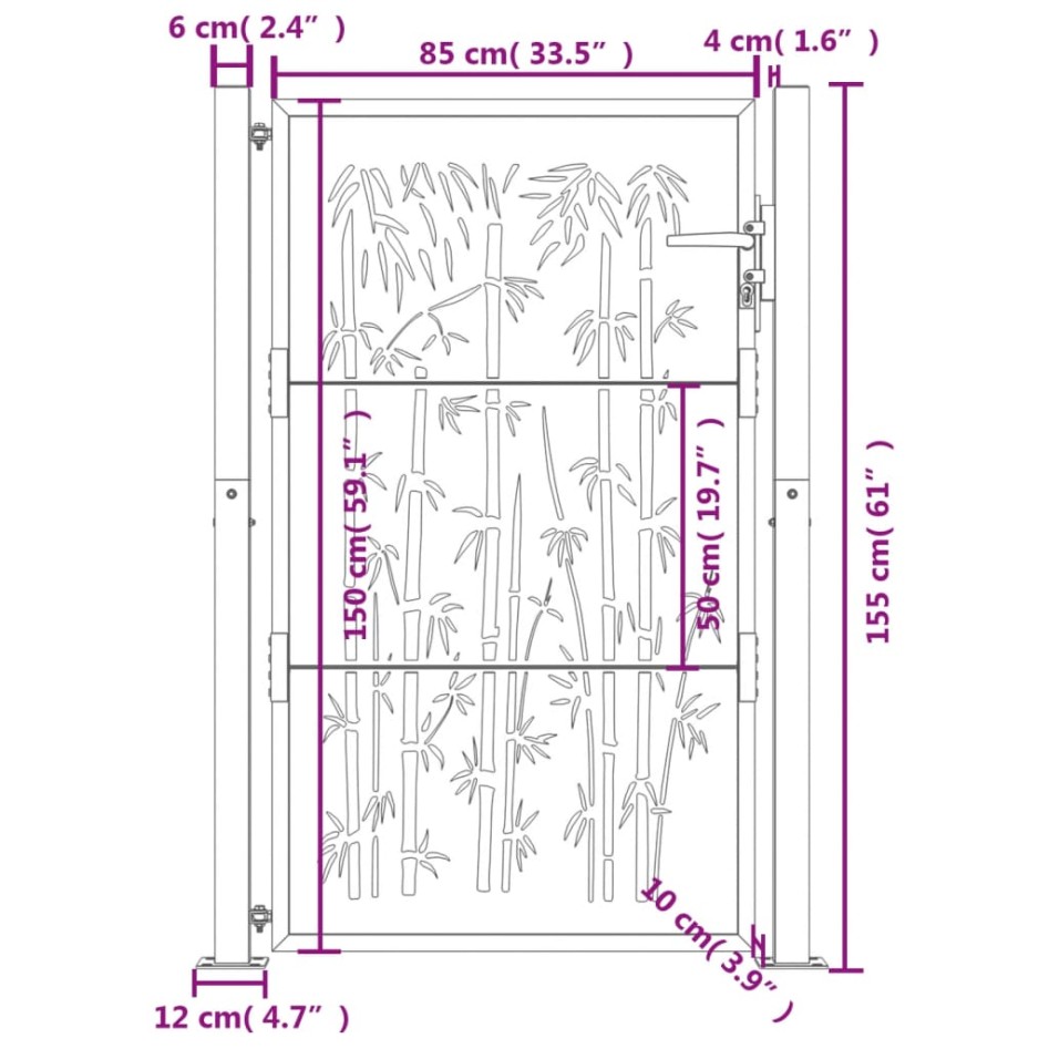 Puerta de jardín acero gris antracita diseño bambú 105x155