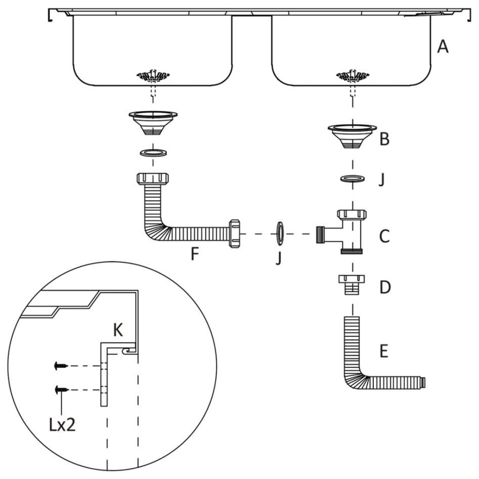 Fregadero de cocina doble seno acero inoxidable 800x600x155