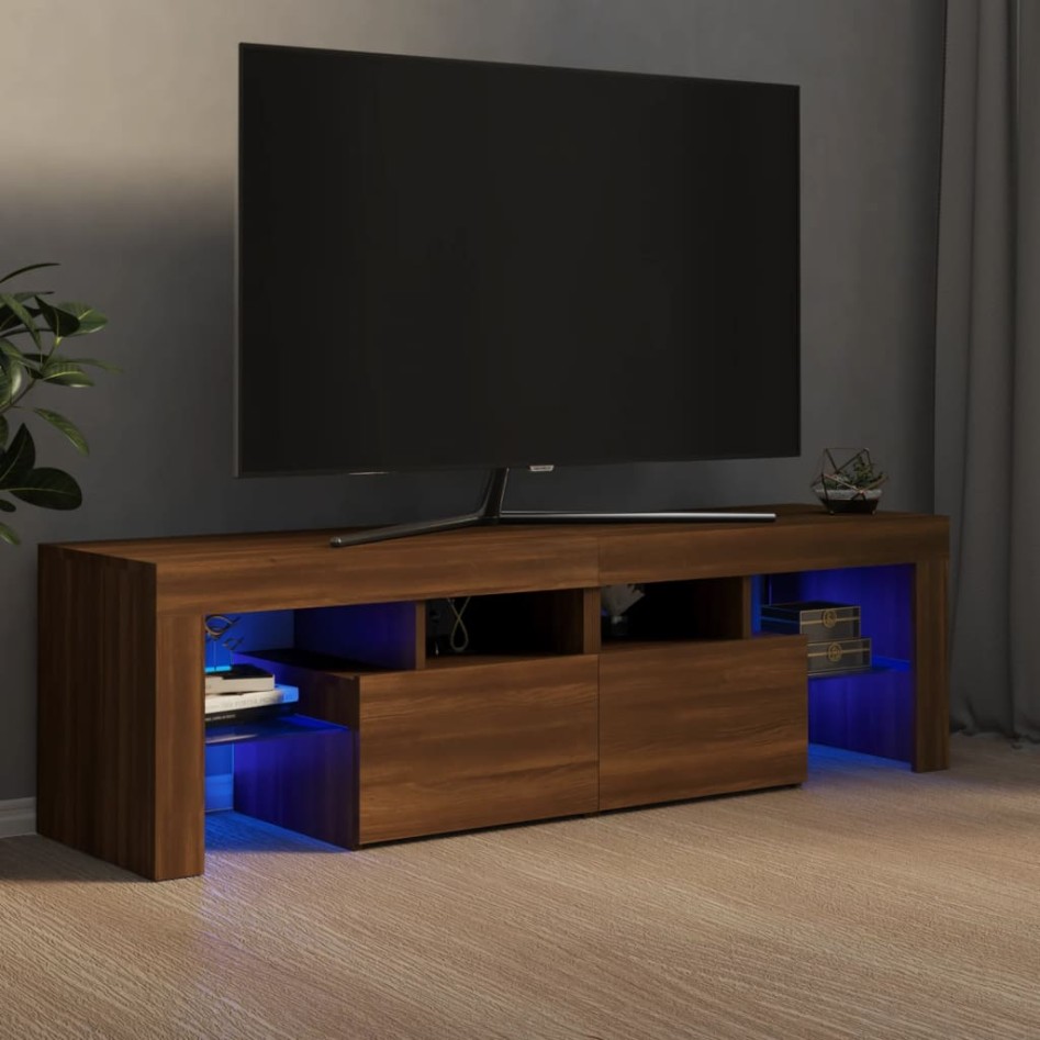 Mueble de TV con luces LED marrón roble 140x36,5x40