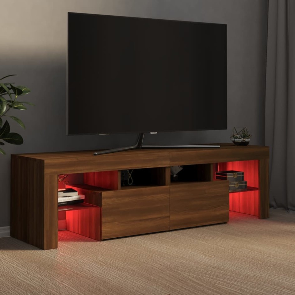 Mueble de TV con luces LED marrón roble 140x36,5x40