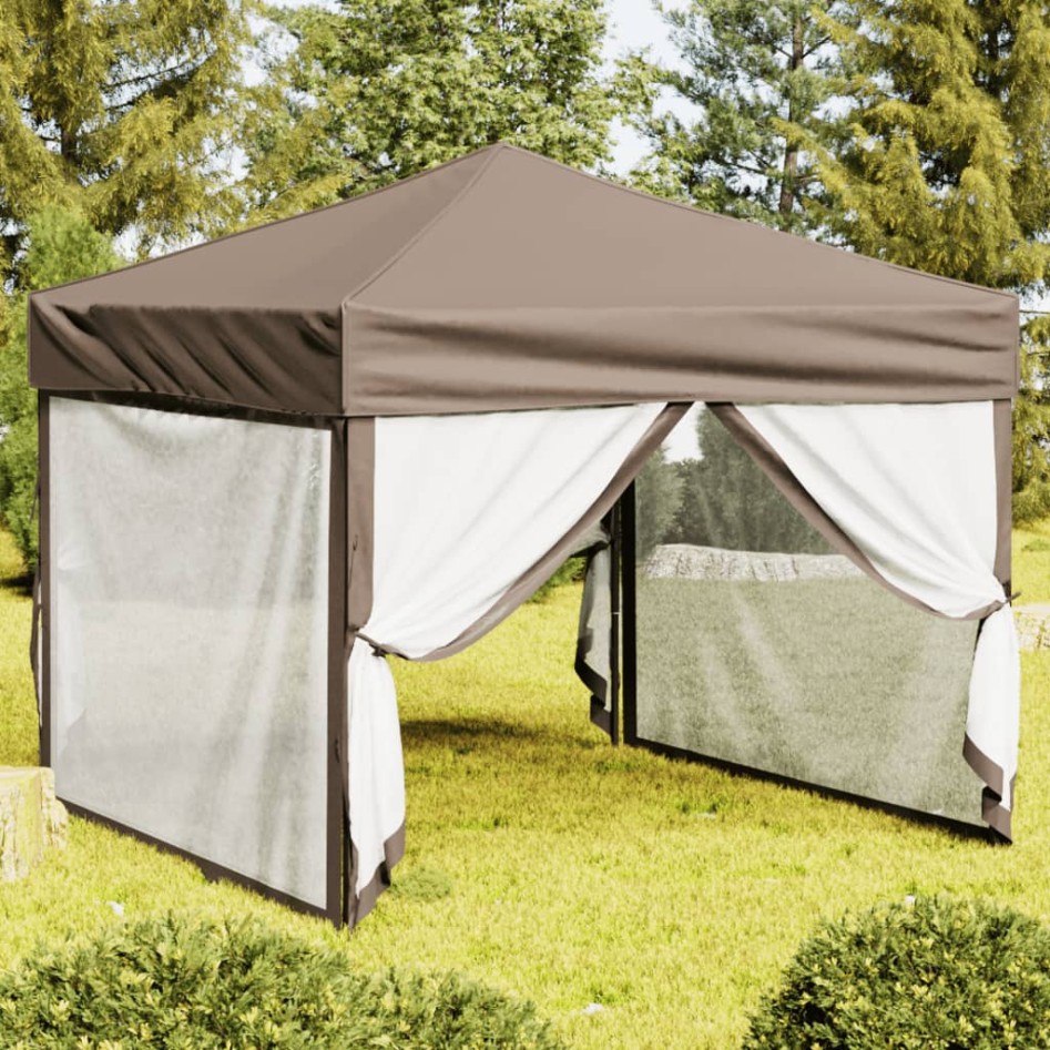 Carpa para fiestas plegable con paredes gris taupé 3x3