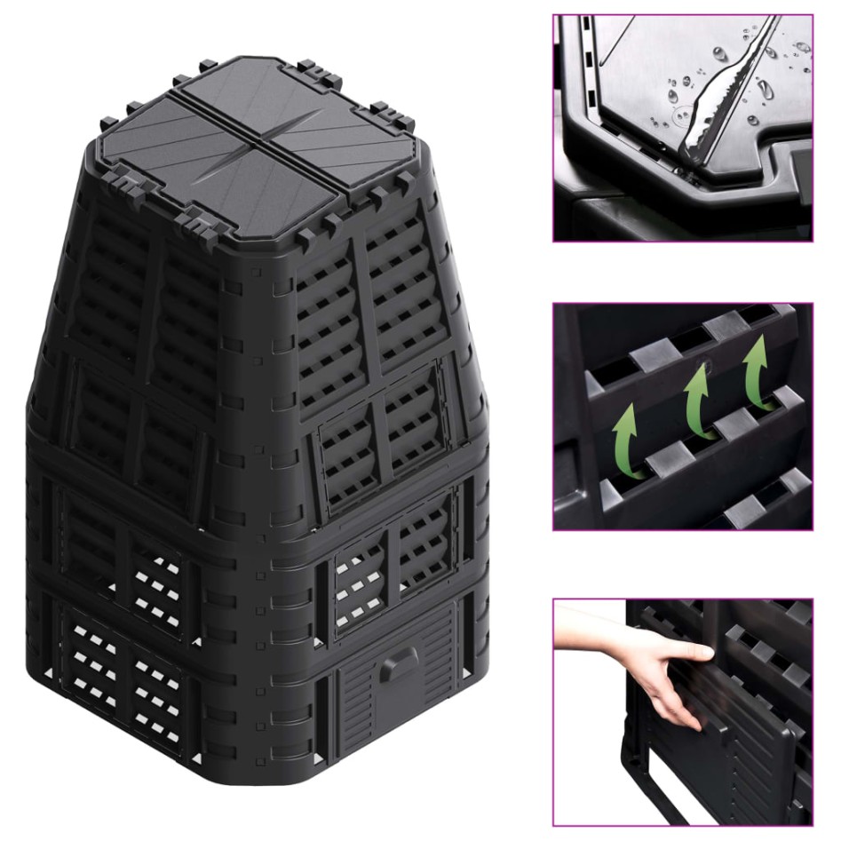 Compostador de jardín negro 93,3x93,3x146 cm 1000