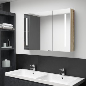 Armario de baño con espejo LED blanco y roble 89x14x62