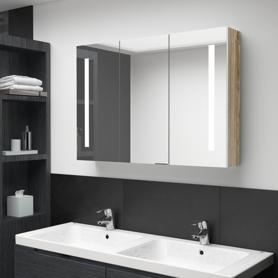 Armario de baño con espejo LED blanco y roble 89x14x62