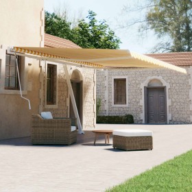 Toldo de pie retráctil manual amarillo y blanco 500x300