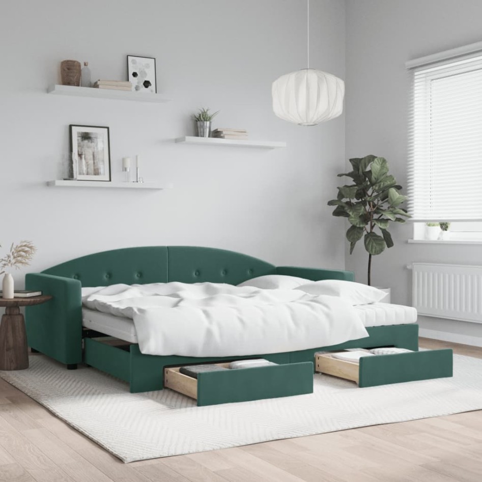 Sofá cama nido con cajones terciopelo verde oscuro 90x200
