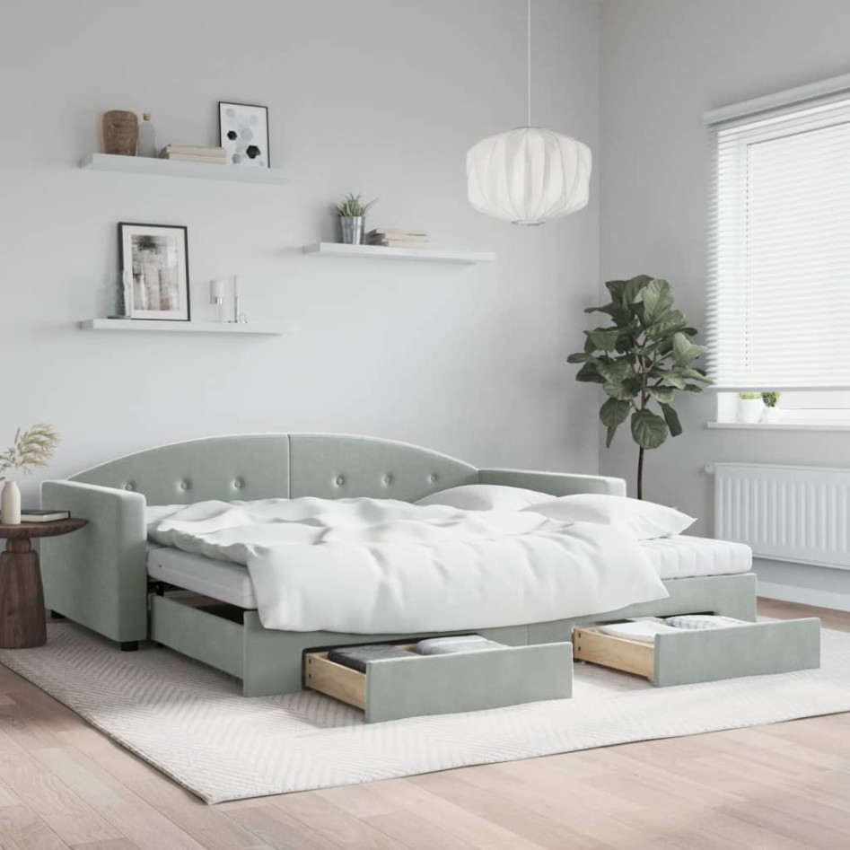 Sofá cama nido con cajones terciopelo gris claro 100x200