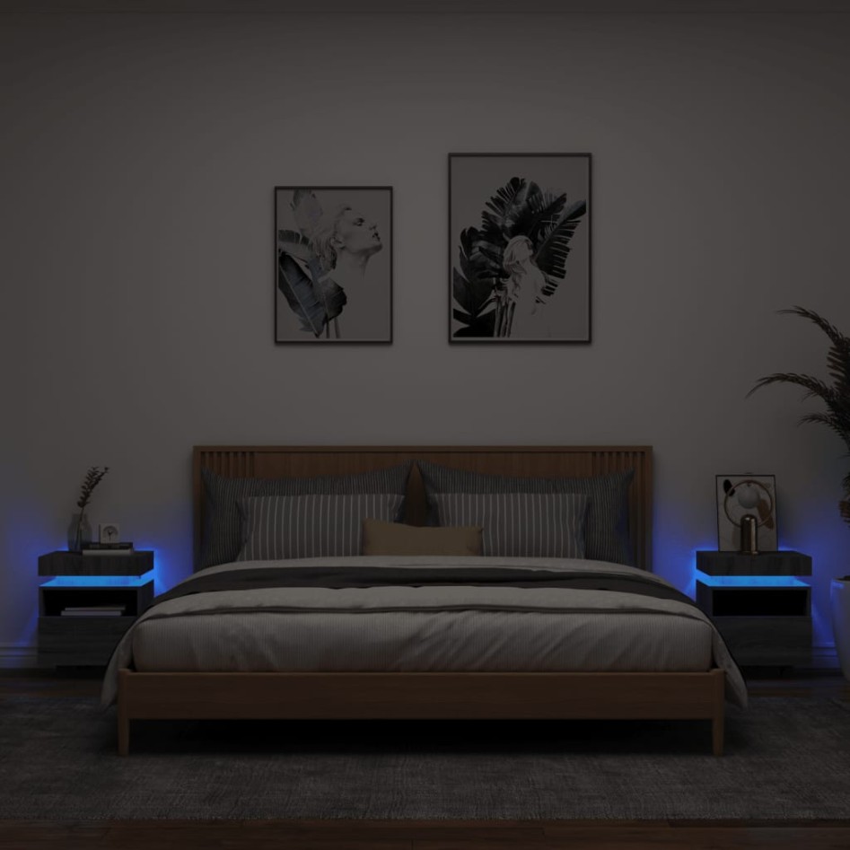 Mesitas de noche con luces LED 2 uds gris Sonoma 40x39x48,5