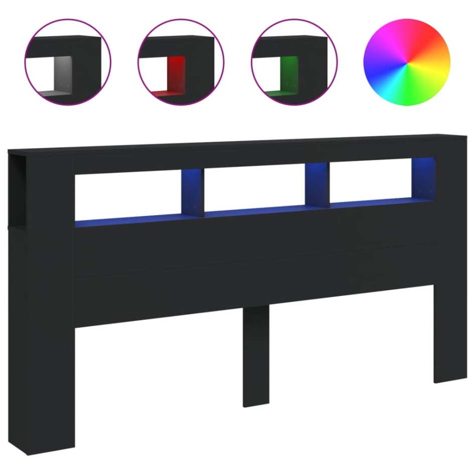 Cabecero con LED madera de ingeniería negro 200x18,5x103,5